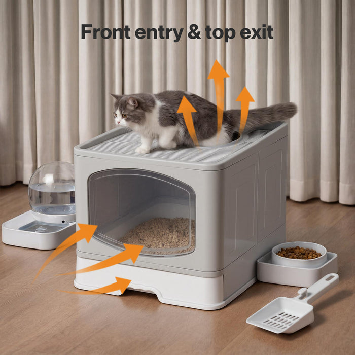 Large Cat Litter Box Foldable Top Entry Covered Litter Tray Scoop Grey