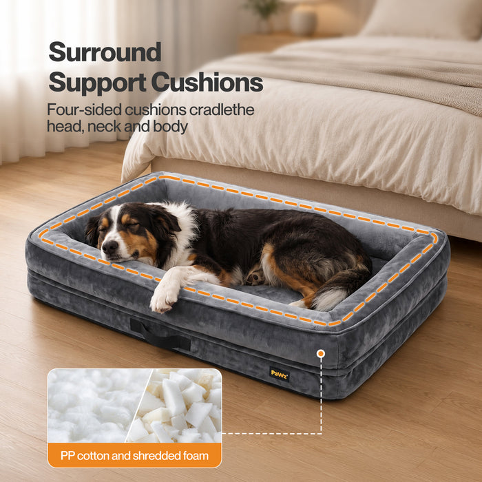 PaWz Large Dog Bed Orthopedic Dog Bed Bolstered Support Flannel Velvet Grey
