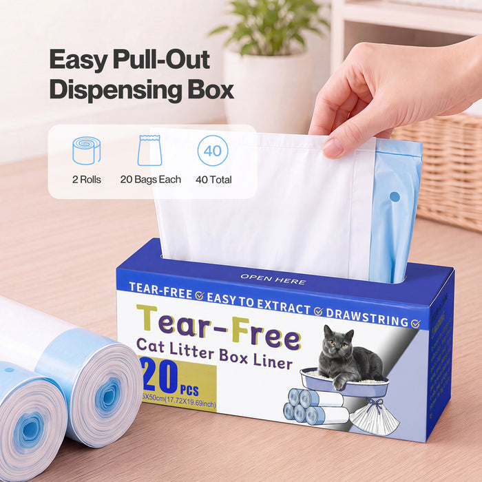 Cat Litter Bags 45 x 50cm 10kg 2Rolls 40ct Drawstring HDPE White Blue