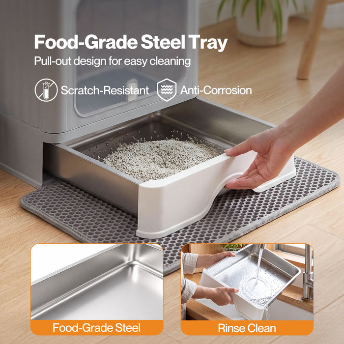 Cat Litter Box Stainless Steel Enclosed Drawer Odor Control Foldable Grey