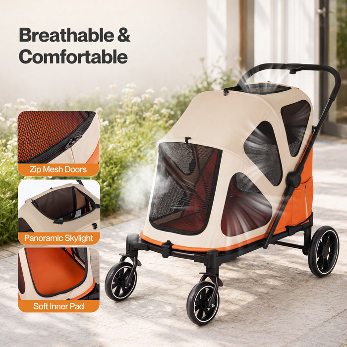 Dog Stroller Pet Pram Foldable Mesh Ventilated Seat Safety Leash Orange