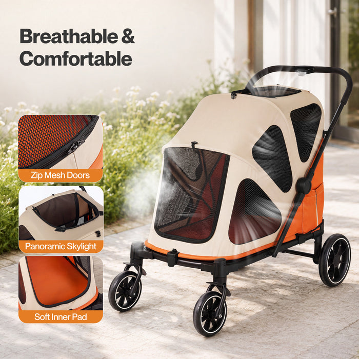 Dog Stroller Pet Pram Fold Shock Absorbing Wheels Outdoor Travel Orange