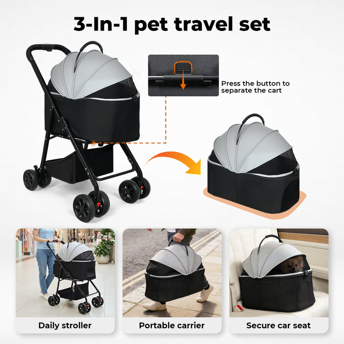 Pet Stroller 3 in1Dog Cat Pram Carrier Foldable Pushchair Outdoor 4 Wheels