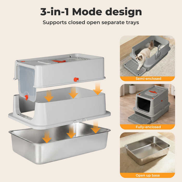 Stainless Steel Cats Litter Box Hooded High Enclosed Large Kitty Toilet