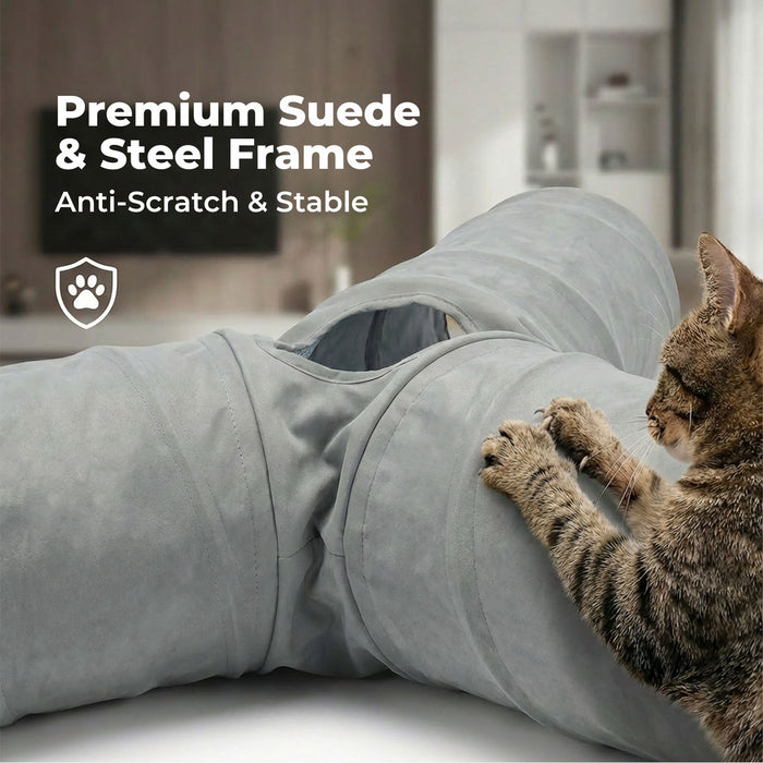 3 Way Cat Tunnel Toy Interactive Foldable Tube Indoor Pet 2 Hanging Balls