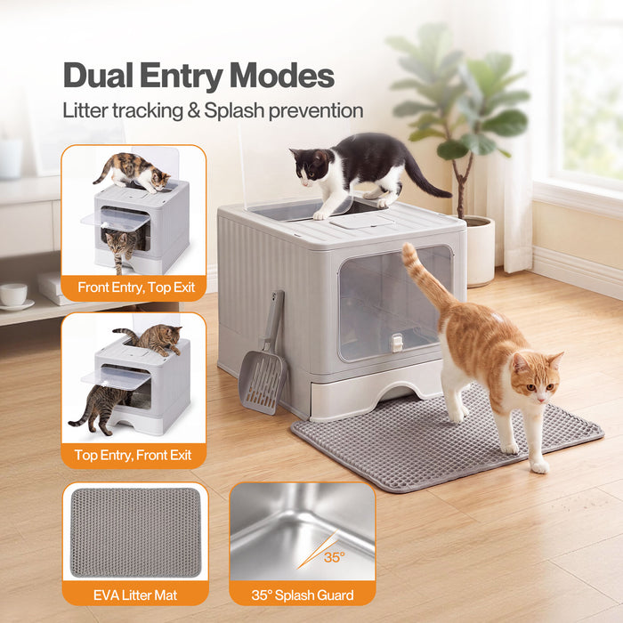 Cat Litter Box Stainless Steel Enclosed Drawer Odor Control Foldable Grey