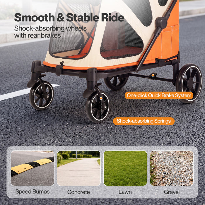 Dog Stroller Pet Pram Fold Shock Absorbing Wheels Outdoor Travel Orange