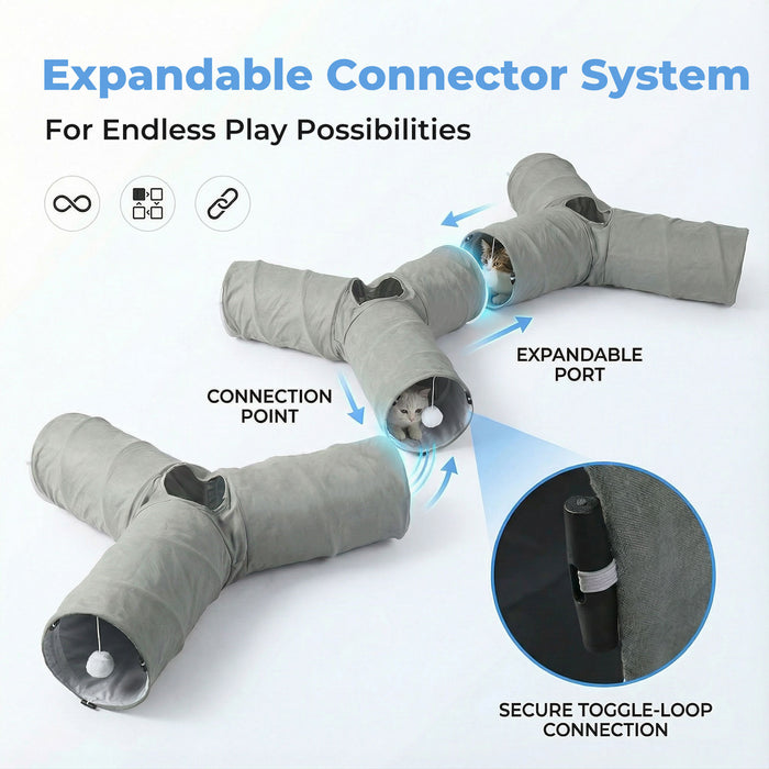 3 Way Cat Tunnel Toy Interactive Foldable Tube Indoor Pet 2 Hanging Balls