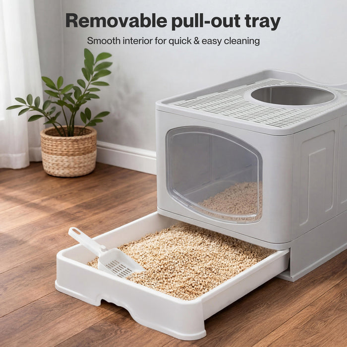 Large Cat Litter Box Foldable Top Entry Covered Litter Tray Scoop Grey