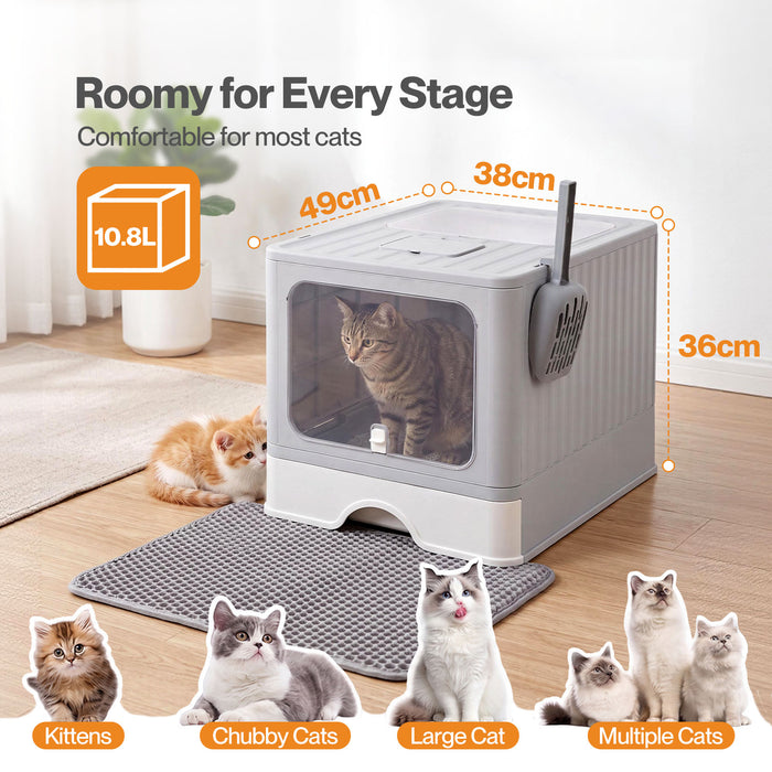 Cat Litter Box Stainless Steel Enclosed Drawer Odor Control Foldable Grey