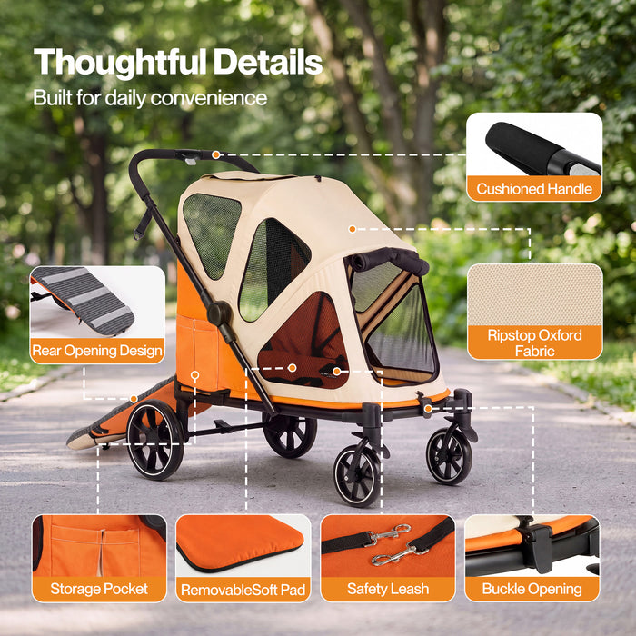 Dog Stroller Pet Pram Fold Shock Absorbing Wheels Outdoor Travel Orange