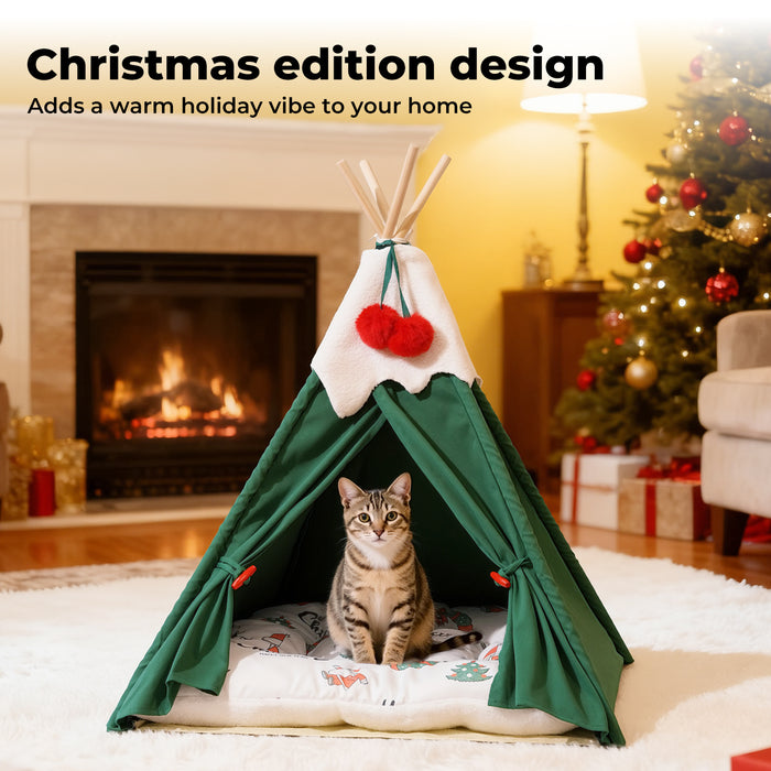 Pet Tent House Pet Teepee Dog Cat Tent Bed Washable Portable Indoor Green