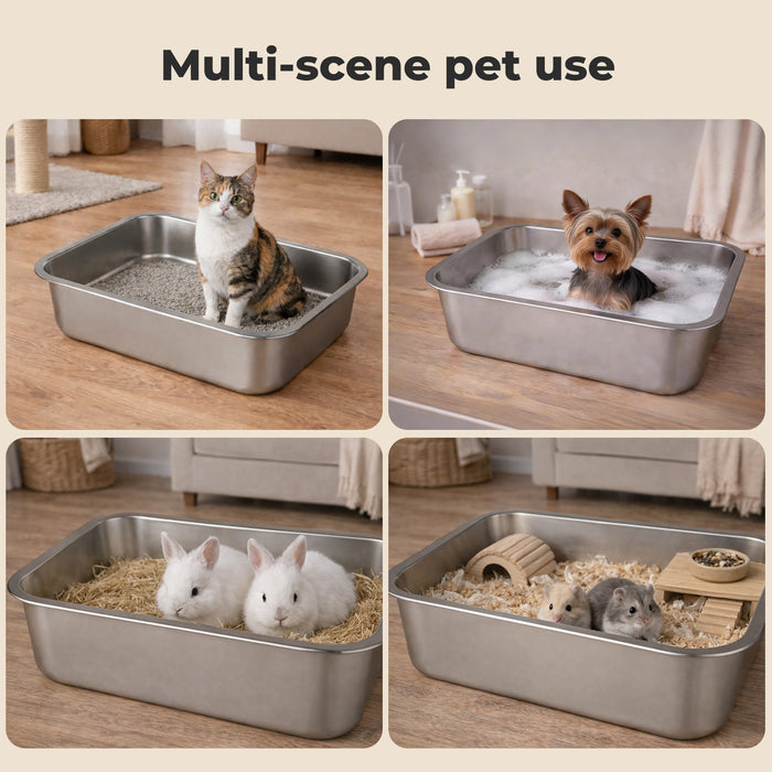 Stainless Steel Cats Litter Box 10cm Height Small Animals Easy Entry Clean