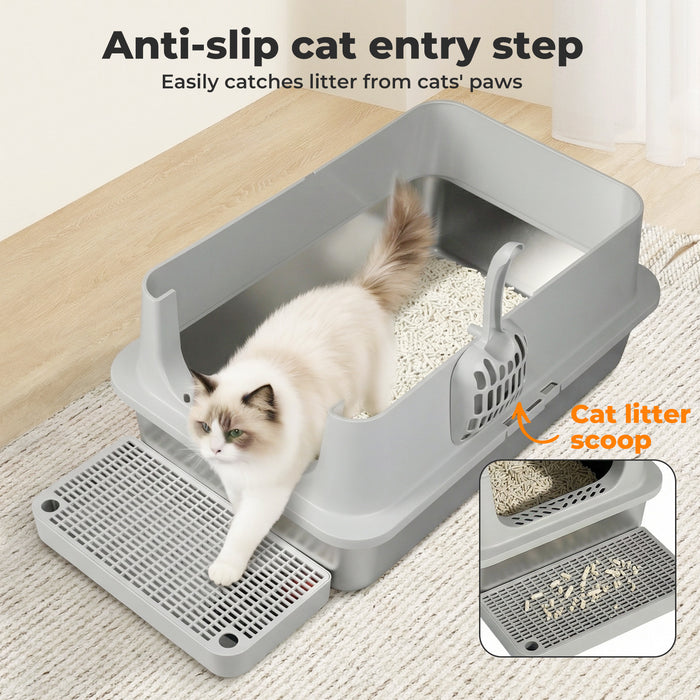 Stainless Steel Cats Litter Box Hooded High Enclosed Large Kitty Toilet