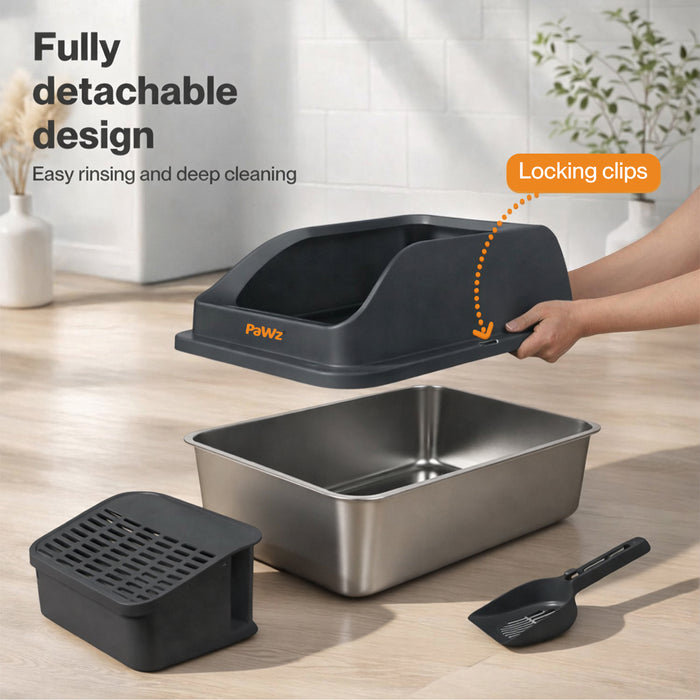 Stainless Steel Cat Litter Box Big Cats Kitten High Sided Easy Clean Grey