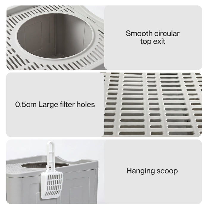 Large Cat Litter Box Foldable Top Entry Covered Litter Tray Scoop Grey
