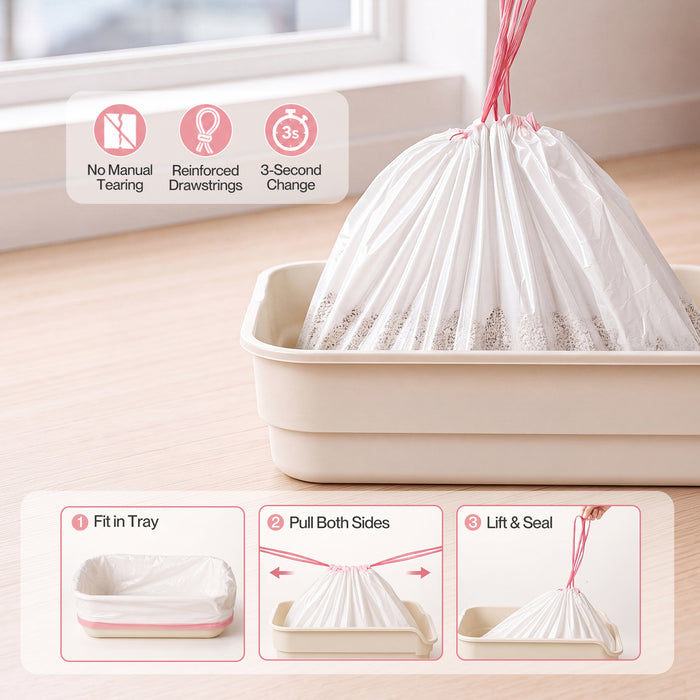 Cat Litter Bags 30 Pcs 94 x 45cm Drawstring 10kg HDPE White Pink