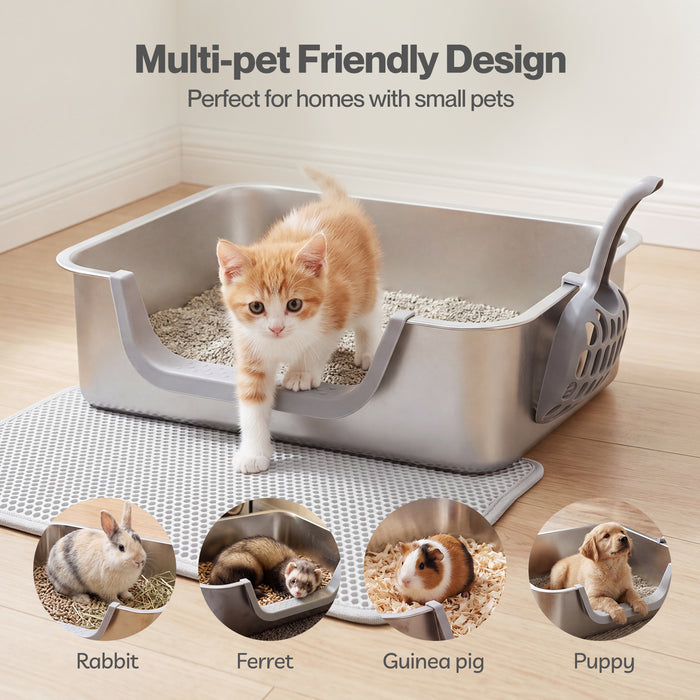 Stainless Steel Cat Litter Box Low Entry Tray Non-Stick Easy to Clean