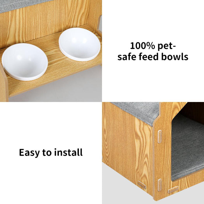 PaWz Wooden House Cat Elevated Double Feeder - petpawz.com.au