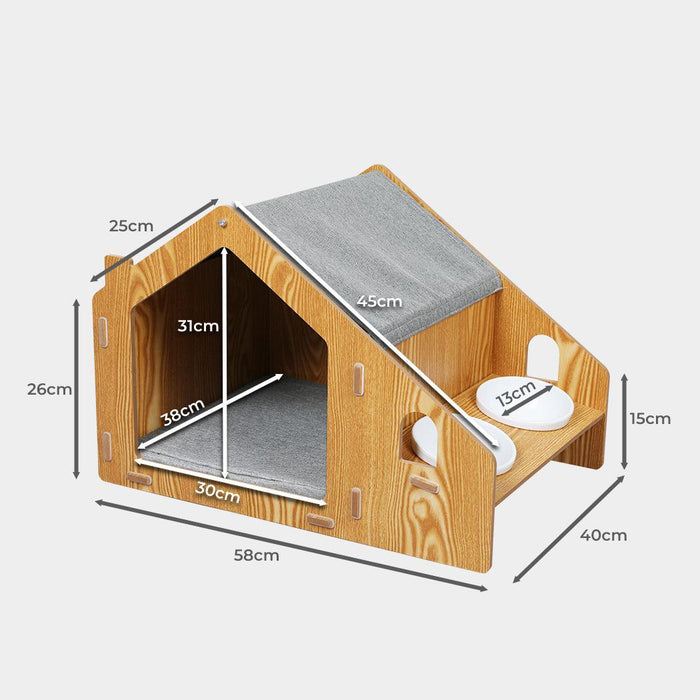 PaWz Wooden House Cat Elevated Double Feeder - petpawz.com.au