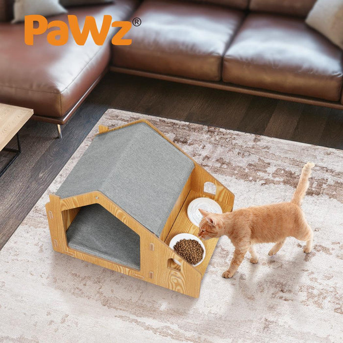 PaWz Wooden House Cat Elevated Double Feeder