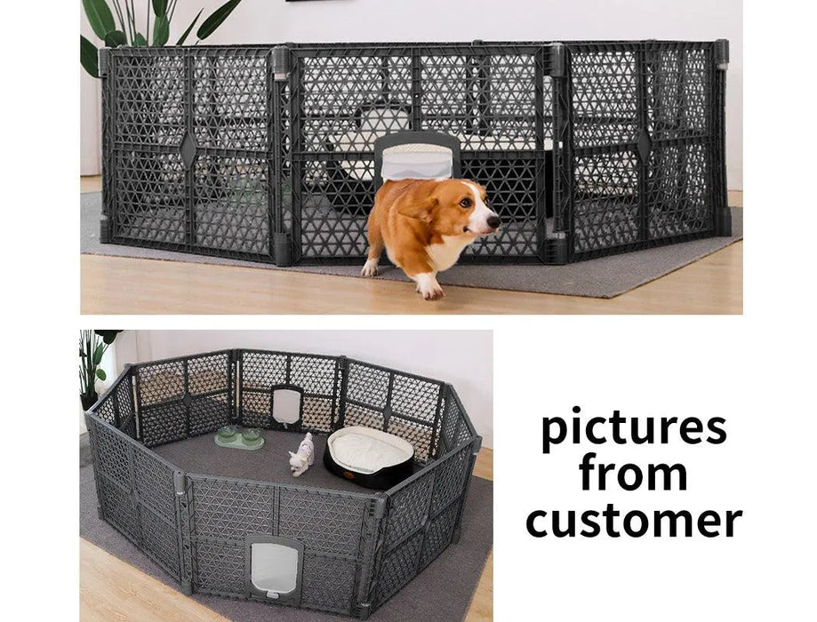 dog coming out from playpen