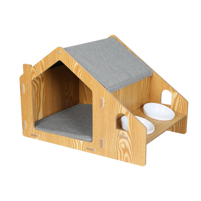 PaWz Wooden House Cat Elevated Double Feeder