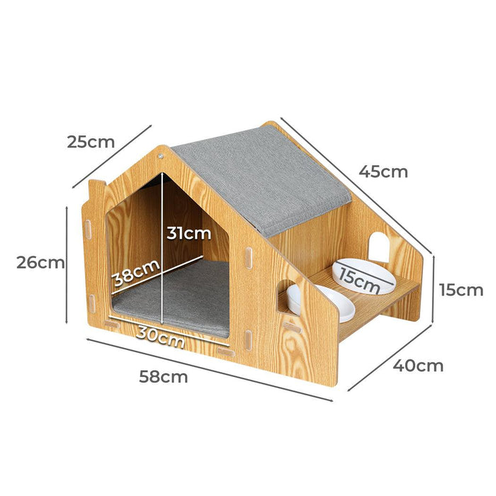 PaWz Wooden House Cat Elevated Double Feeder - petpawz.com.au