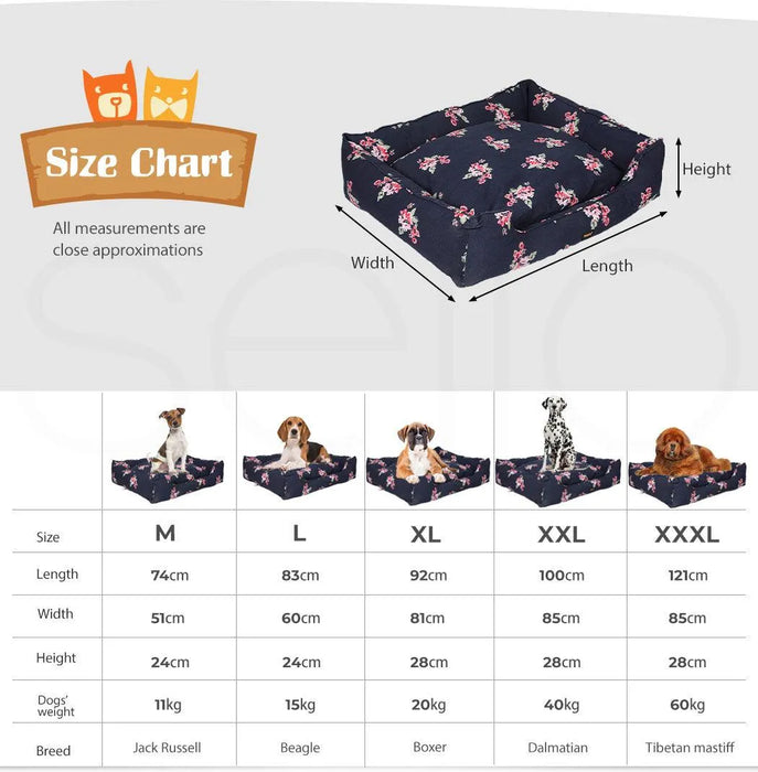 large dog on PaWz Machine Washable Dog Bed size chart 