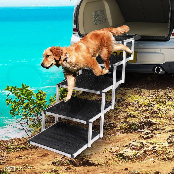 large dog stepping down through  PaWz Foldable Aluminum Pet Steps