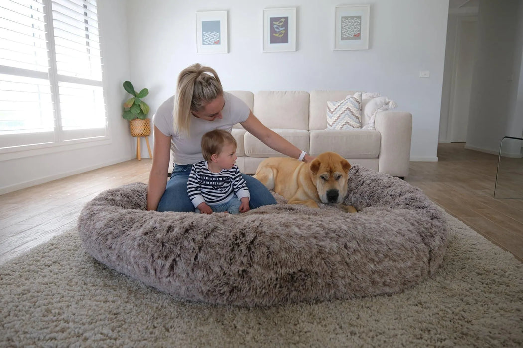 mum with dog on The Human Size Nap Bed 