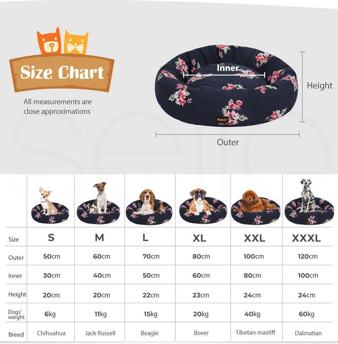 pawz floral dog bed​ size chart